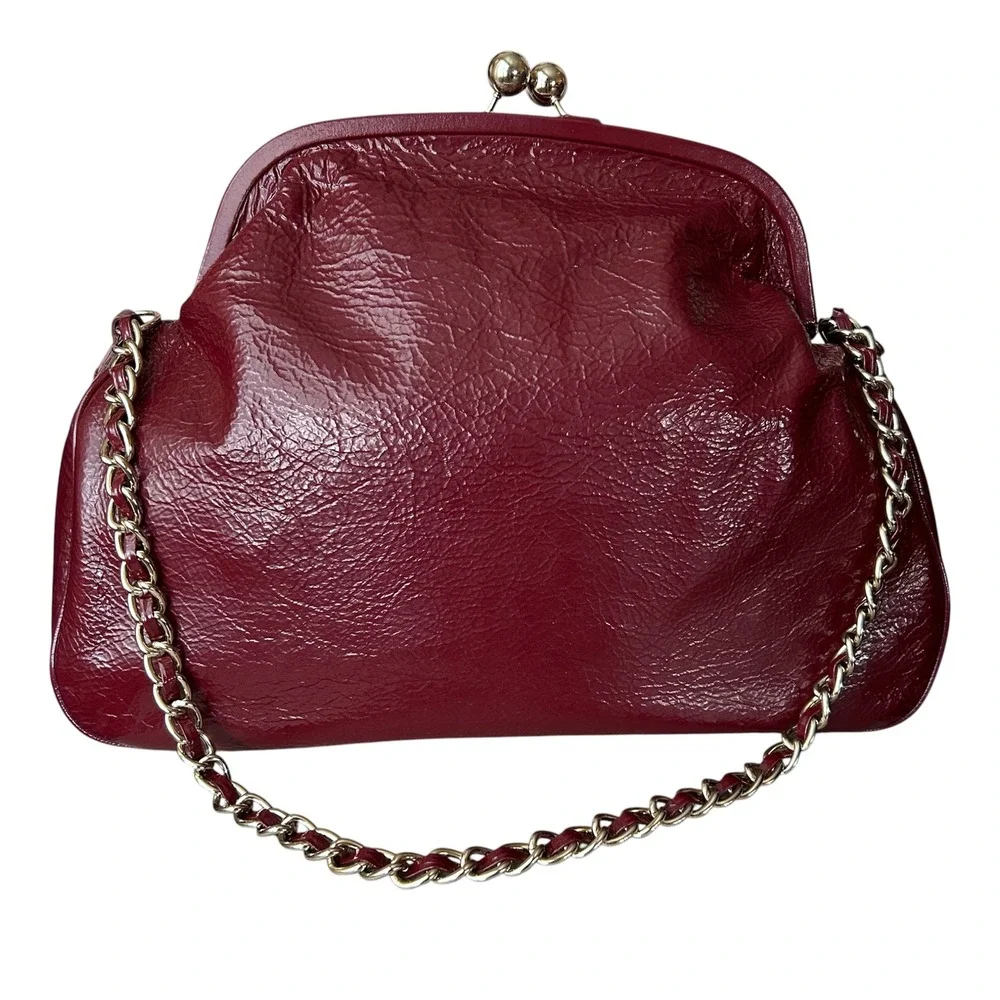 Charles David Burgundy Patent Leather Large Kiss Lock Frame Clutch Chain Bag Y2K